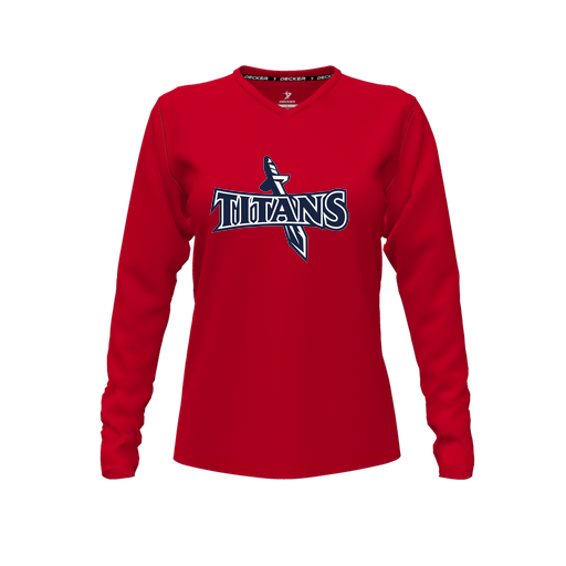 [FTLVCFRD-FYXS-LOGO1] Decker Comfort T-Shirt (Female Youth XS, Red, V Neck, Logo 1, Long Sleeve)