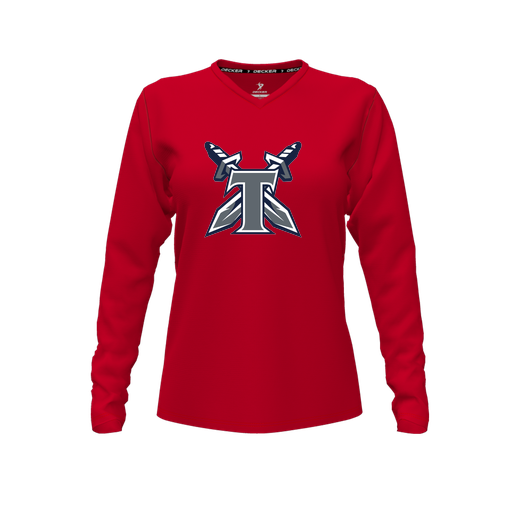 [CUS-DFW-TEES-CMF-VNK-LSL-RED-FYXS-LOGO2] Decker Comfort T-Shirt (Female Youth XS, Red, V Neck, Logo 2, Long Sleeve)